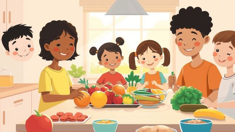 Niños felices eligen frutas saludables