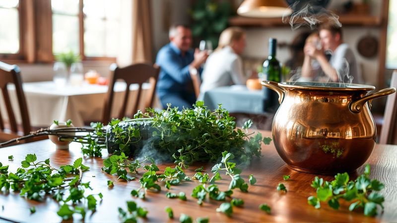 Hierbas verdes iluminan una cena cálida