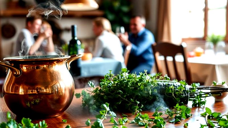 Hierbas verdes iluminan una cena cálida